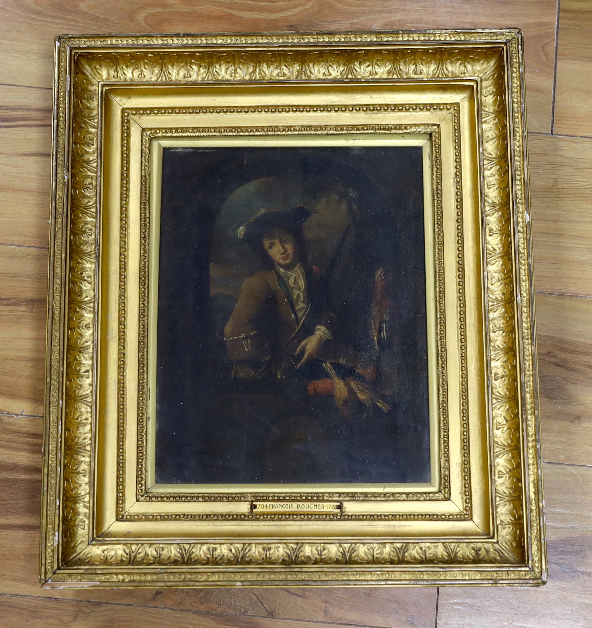 Manner of Francois Boucher (French, 1703-1770), oil on wooden panel, Portrait of a gentleman with game, applied plaque to the frame, 31 x 24cm